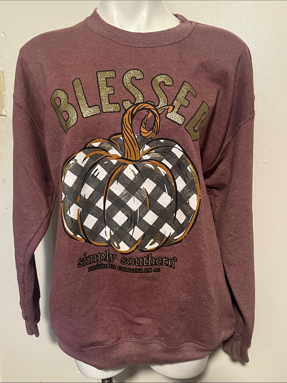 Simply Southern Plum Buffalo-Check Pumpkin Crewneck